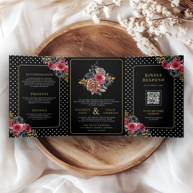 Invitación Tríptica Rosas florales de Borgoña en un Boda negro (Subido por el creador)
