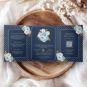 Invitación Tríptica Rosas florales de marfil azul todo en uno boda nav