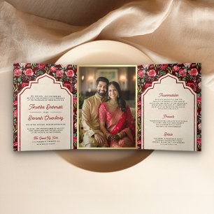 Invitación Tríptica Rosas Florales Rojas Granate Vintage Boda India