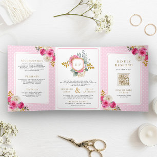 Invitación Tríptica Rosas Florales Rosa Fucsia Todo en Uno Crest Boda