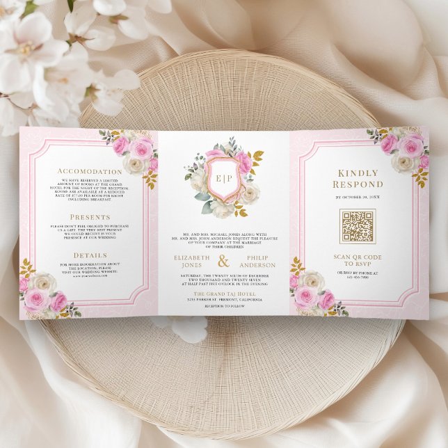 Invitación Tríptica Rosas Florales Rosa Pastel Todo en Uno Crest Boda (Subido por el creador)