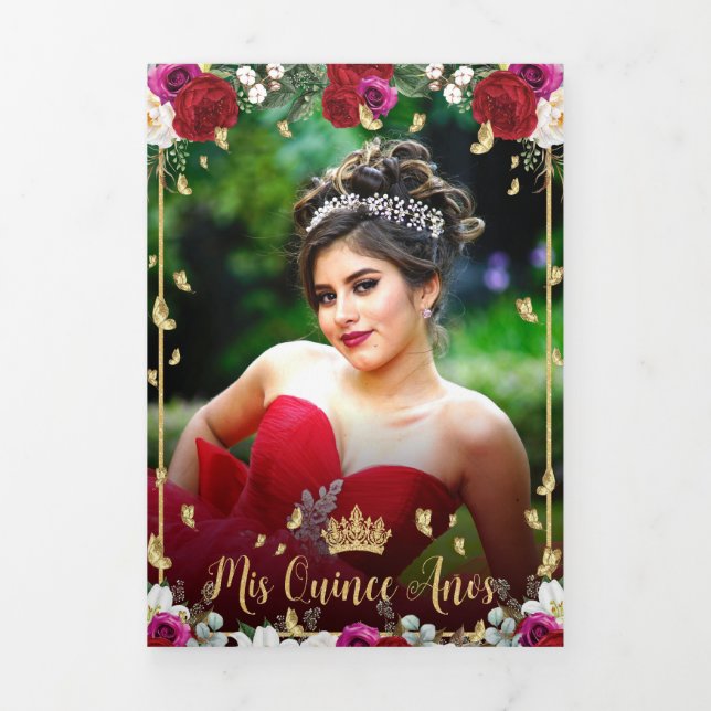 Invitación Tríptica Rosas Fuchsia Rojo Mariposas Doradas Quinceañera (Foto de portada)