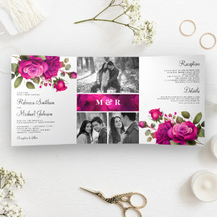 Invitación Tríptica Rosas Fucsia Rosa Caliente Fotografía Collage Boda
