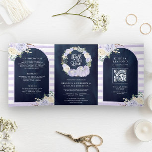Invitación Tríptica Rosas Lavanda Calabaza Código QR Azul Marino Boda