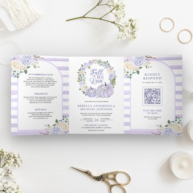 Invitación Tríptica Rosas Lavanda Calabaza Código QR Boda (Subido por el creador)