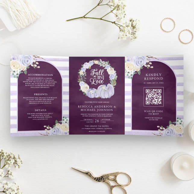Invitación Tríptica Rosas Lavanda Calabaza Código QR Bodas Ciruela (Subido por el creador)