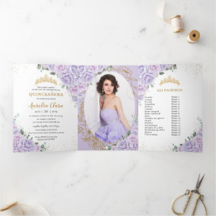 Invitación Tríptica Rosas Lilas Moradas Elegantes Quinceañera Fotos Fl