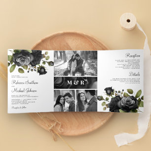 Invitación Tríptica Rosas negros Collage de fotos floral Boda blanco