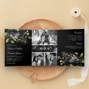 Invitación Tríptica Rosas negros Collage de fotos floral Boda gótico