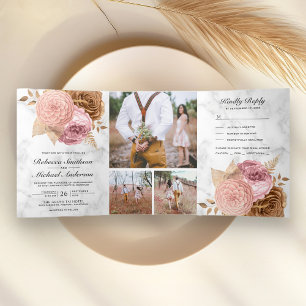 Invitación Tríptica Rosas Polvorientas de Color Rosa Floral Terroso Má