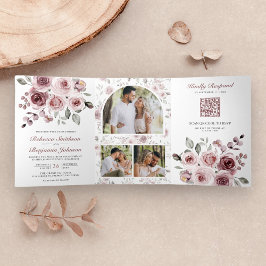 Invitación Tríptica Rosas Polvorientas de Color Rosa Todo en un Código