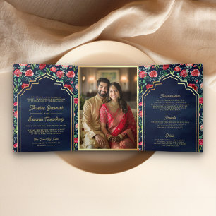 Invitación Tríptica Rosas Rojas Azul Marino Floral Dorado Boda India