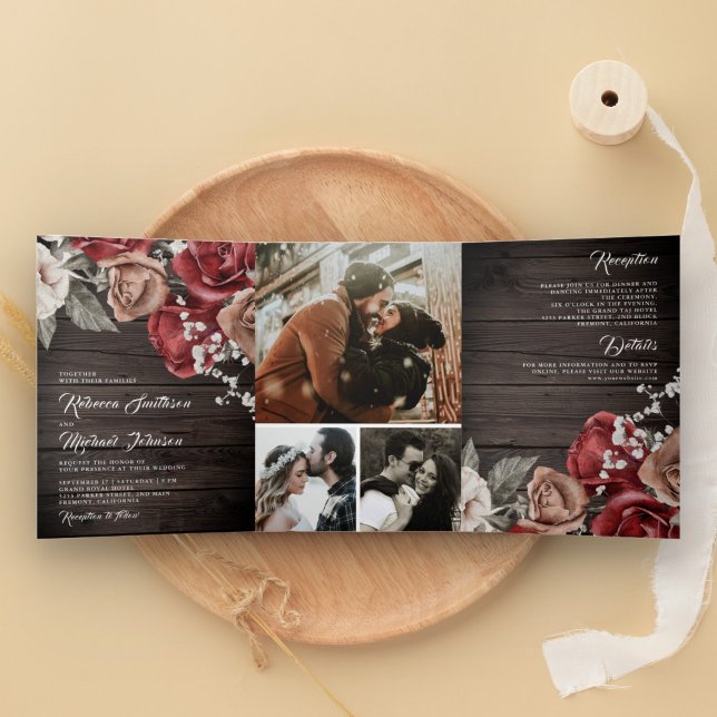 Invitación Tríptica Rosas Rojas Burgundy Madera Rústica Foto Boda (Subido por el creador)