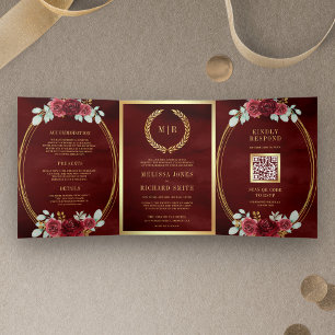 Invitación Tríptica Rosas Rojas de Borgoña Todo en un Código QR Boda