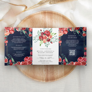 Invitación Tríptica Rosas Rojas Floral Código QR Bodas Azul Marino
