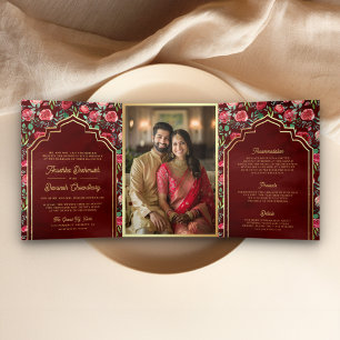 Invitación Tríptica Rosas Rojas Granate Floral Dorado Boda India