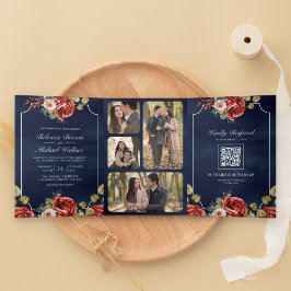 Invitación Tríptica Rosas Rojas Marco Floral Azul Marino Código QR Bod