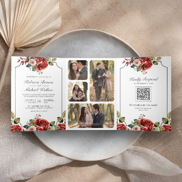 Invitación Tríptica Rosas Rojas Marco Floral Todo en Un Código QR Boda