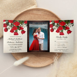 Invitación Tríptica Rosas Rojas Rústicas Románticas Bouquet Foto Boda