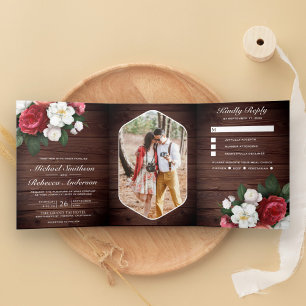 Invitación Tríptica Rosas rojas y magnolia blanca boda rústica de made