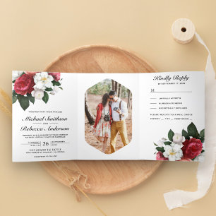 Invitación Tríptica Rosas rojas y magnolias blancas Botánico Boda