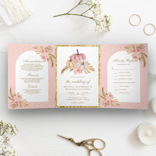 Invitación Tríptica Rosas Rosadas Boho Pampas Calabaza Boda