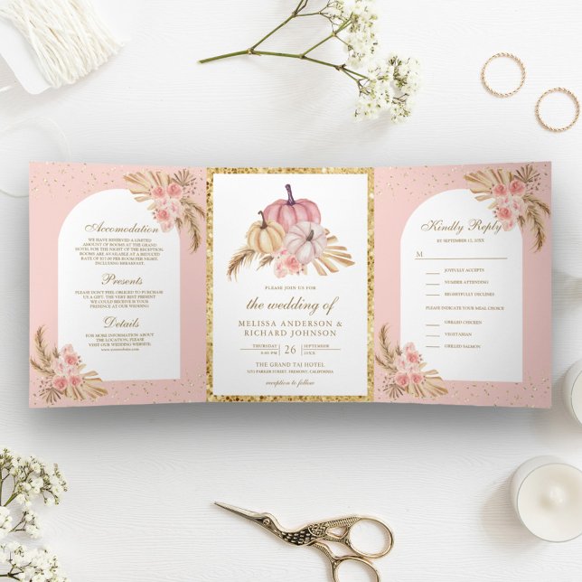 Invitación Tríptica Rosas Rosadas Boho Pampas Calabaza Boda (Subido por el creador)