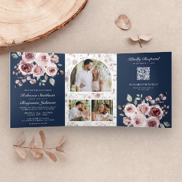 Invitación Tríptica Rosas Rosadas Polvorientas Código QR Azul Marino B