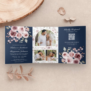 Invitación Tríptica Rosas Rosadas Polvorientas Código QR Azul Marino B