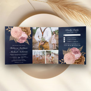 Invitación Tríptica Rosas Rosadas Polvorientas Floral Terroso Azul Mar