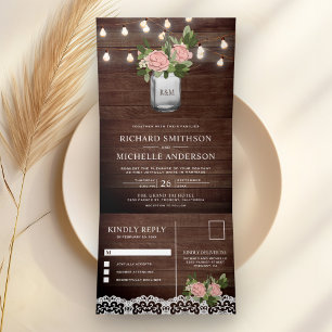 Invitación Tríptica Rosas rosadas polvorientas Luces de cadena de fras