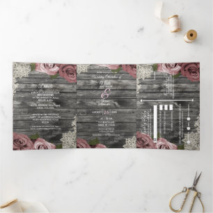 Invitación Tríptica Rosas rosadas polvorientas y Boda de madera gris d