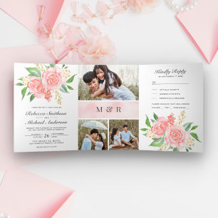 Invitación Tríptica Rosas Rosadas Sonrojadas Collage de Fotos Boda