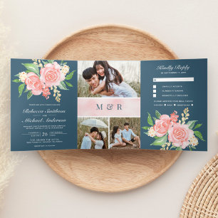 Invitación Tríptica Rosas rosadas sonrojadas Fotocollage Boda azul pol
