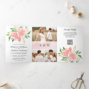 Invitación Tríptica Rosas rosadas sonrojadas Fotocollage Código QR Bod