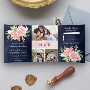 Invitación Tríptica Rosas Rosadas Sonrojo Fotografía Collage Bodas Azu