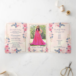 Invitación Tríptica Rosas rosados Quinceanera