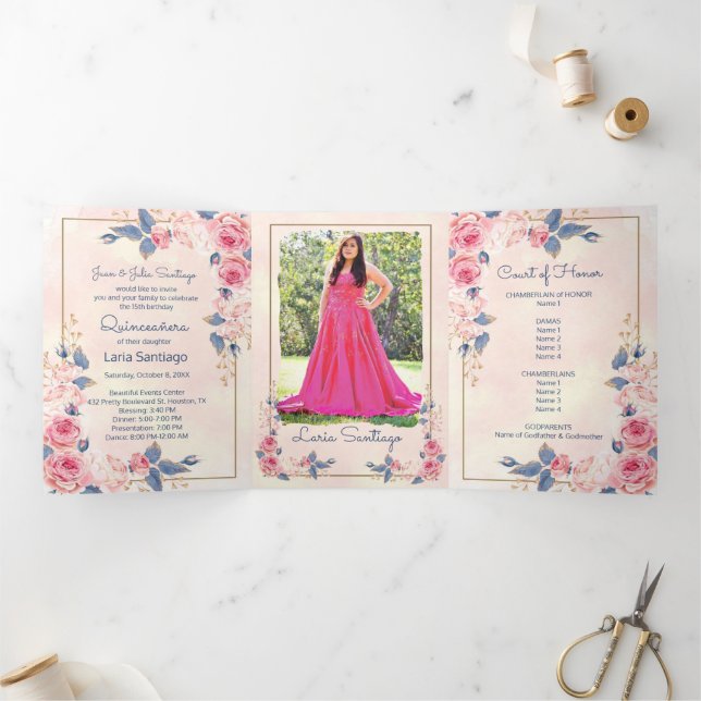 Invitación Tríptica Rosas rosados Quinceanera (Interior)