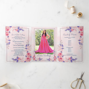 Invitación Tríptica Rosas rosados y morados de Quinceanera 