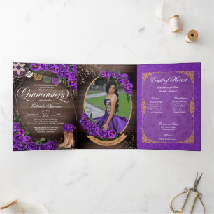 Invitación Tríptica Rosas Rustic Charro Royal Purple Quinceañera