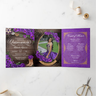 Invitación Tríptica Rosas Rustic Charro Royal Purple Quinceañera