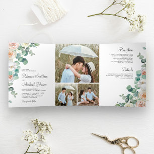 Invitación Tríptica Rosas Suaves al Pastel Eucalipto Collage de Fotos