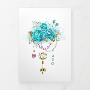 Invitación Tríptica Rosas turquesas con llaves