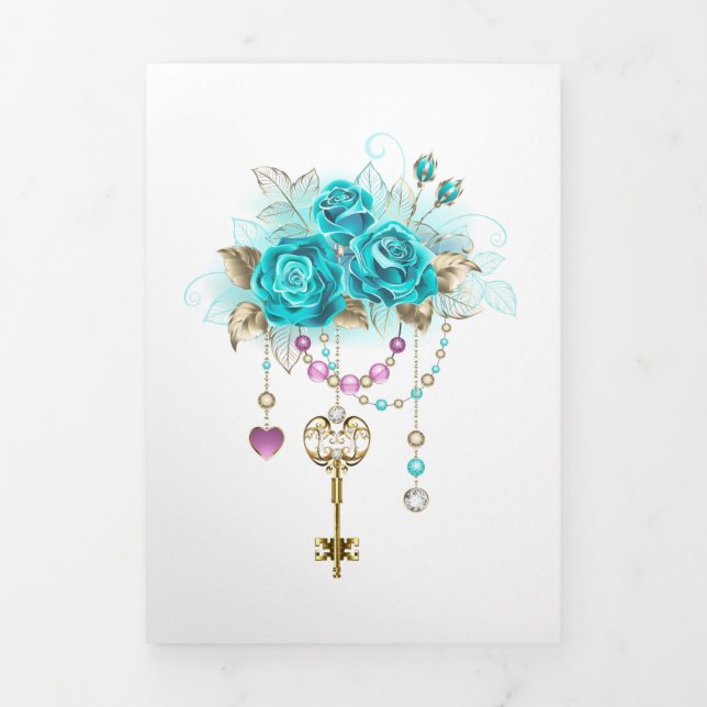 Invitación Tríptica Rosas turquesas con llaves (Foto de portada)