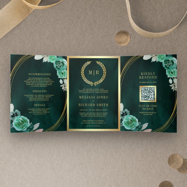Invitación Tríptica Rosas Verde Esmeralda Todo en un Código QR Boda (Subido por el creador)