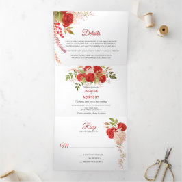 Invitación Tríptica Roses rojas y Boda de la vegetación acuarela |