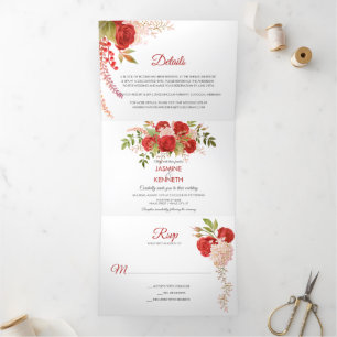 Invitación Tríptica Roses rojas y Boda de la vegetación acuarela