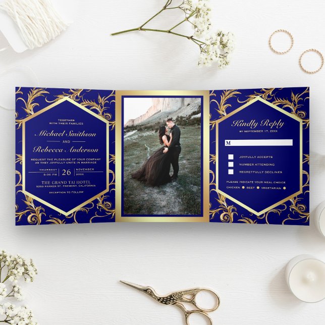 Invitación Tríptica Royal Blue and Gold Flourish Swirl Wedding Photo (Subido por el creador)