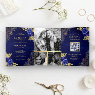 Invitación Tríptica Royal Blue Floral Gold Lace QR Code Boda