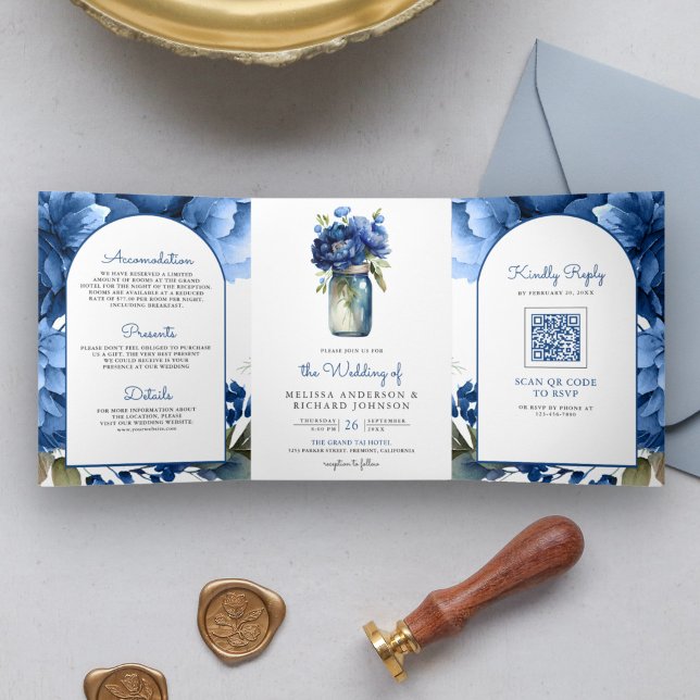Invitación Tríptica Royal Blue Floral Mason Jar Boda de código QR (Subido por el creador)